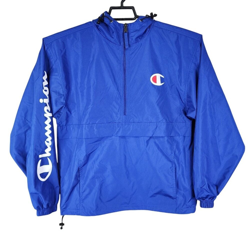 Mens Champion Blue 1/2 Zip Hooded Windbreaker Jacket Long Sleeve Polyester S